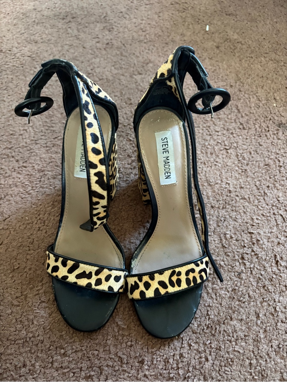 Steve Madden Leopard Print Ankle Strap Heels - Black & Tan